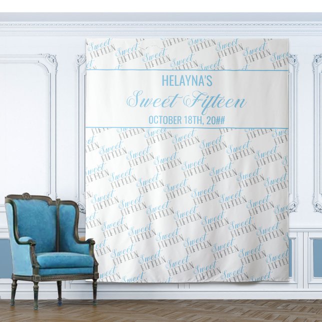 Sweet 15 Baby Blue Silver Birthday Party Backdrop Tapestry (Creator Uploaded)
