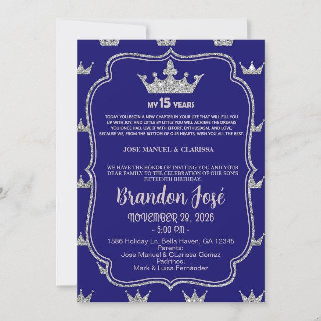 Sweet 15 boy birthday invitation, blue & silver. invitation (Front)