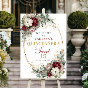 Sweet 15 Burgundy Floral Gold Quinceanera Welcome Poster