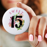 Sweet 15 Floral Number 15th Birthday 6 Cm Round Badge<br><div class="desc">Chic floral sweet 15 button for your 15th birthday. Beautiful feminine design in pink and gold of watercolor roses,  flowers and greenery with gold highlights.  Please see my Floral Chic collection for matching items or,  message me to create the templates you need.</div>