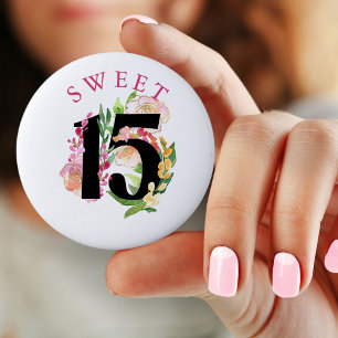 Sweet 15 Floral Number 15th Birthday 6 Cm Round Badge