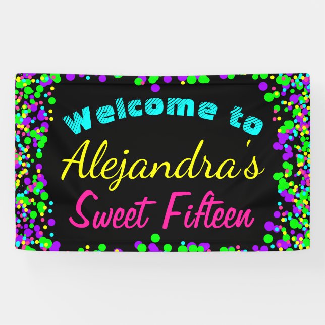 Sweet 15 Neon Glow Confetti Birthday Party Banner (Horizontal)