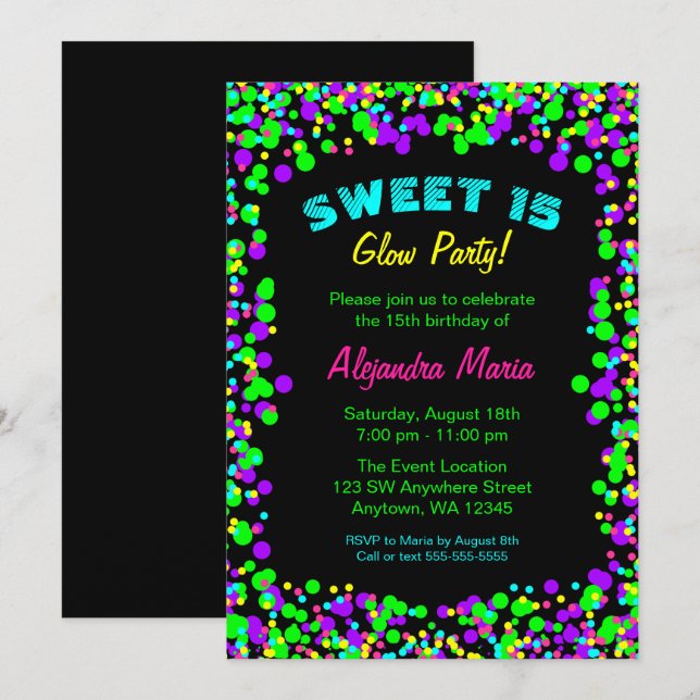 Sweet 15 Neon Glow Confetti Party Invitations (Front/Back)