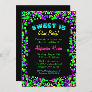 Sweet 15 Neon Glow Confetti Party Invitations