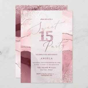 Sweet 15 Pink Diamond Glitters Watercolor Agate Invitation