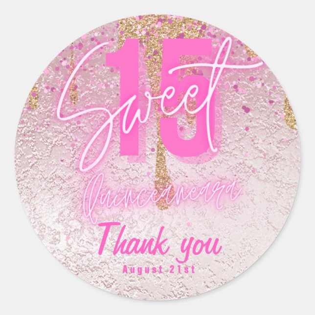 Sweet 15 Pink Glitter Foil Quinceanera Rose Gold C Classic Round Sticker (Front)