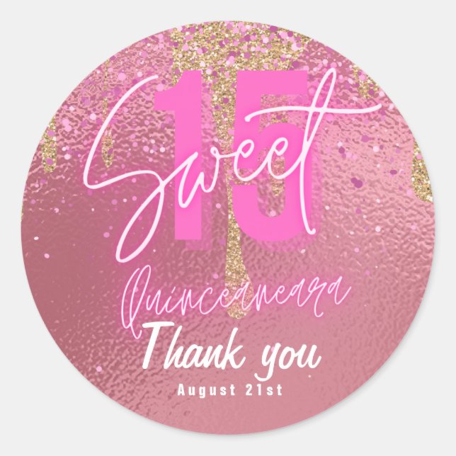 Sweet 15 Pink Glitter Foil Quinceanera Rose Gold Classic Round Sticker (Front)