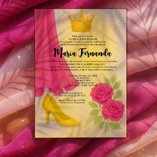Sweet 15 Royal Quinceañera Gold Crown Pink Dress Invitation