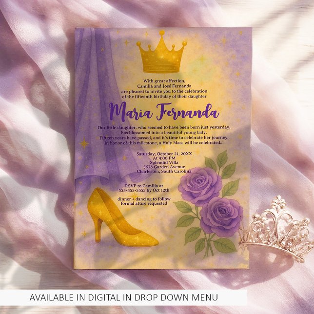 Sweet 15 Royal Quinceañera Gold Crown Purple Dress Invitation (Creator Uploaded)