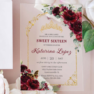 Sweet 16 15 Quinceanera Burgundy Floral Gold Arch Acrylic Invitations