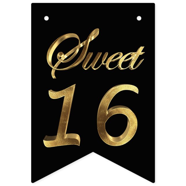 Sweet 16 16th Birthday Anniversary Black and Gold Bunting (First Flag)