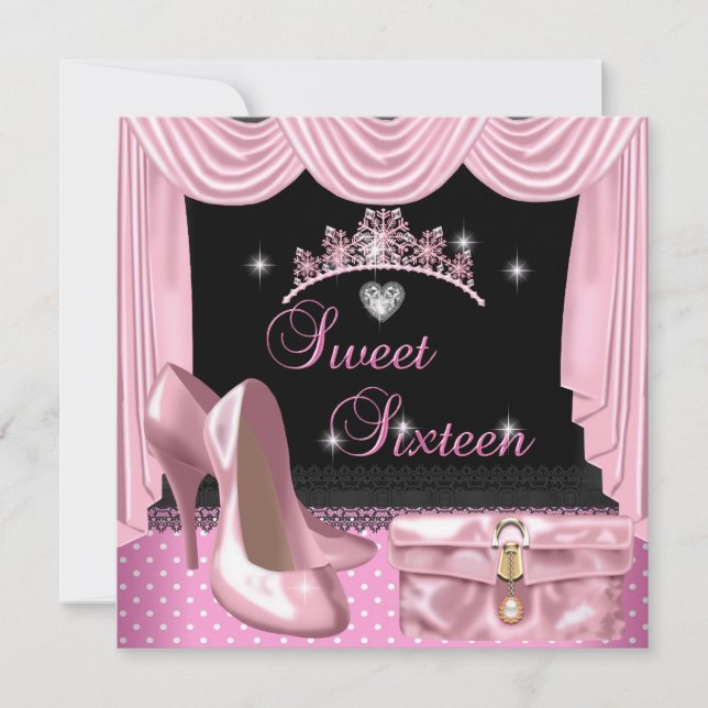 Sweet 16 16th Birthday Pink Black White Invitation (Front)