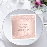 Sweet 16 16th birthday rose gold glitter monogram napkin<br><div class="desc">A napkin for a girly and glamourous  Sweet 16,  16th birthday party.  A rose gold faux metallic looking background with faux glitter drips,  paint dripping look. Personalise and add a date,  name,  age/text.  The name is written in dark rose gold with a modern hand lettered style script</div>