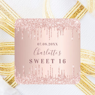 Sweet 16 16th birthday rose gold glitter monogram square sticker