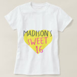 Sweet 16 16th Birthday T-Shirt<br><div class="desc">Sweet 16 16th birthday tshirt features your name and the text sweet 16 in simple modern handwritten typography in stylish bright pink and black on a bright yellow heart. Exclusively designed for you by Happy Dolphin Studio.</div>