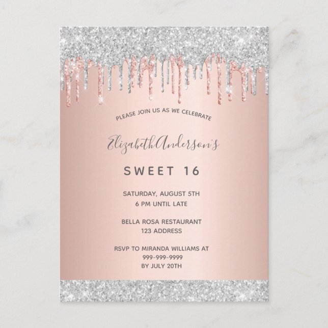 Sweet 16 16th party silver glitter pink rose gold postcard (Front)