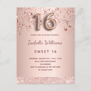 Sweet 16 16th rose gold stars pink balloon script postcard