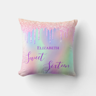 Sweet 16 16th sixteen rose gold glitter rainbow cushion