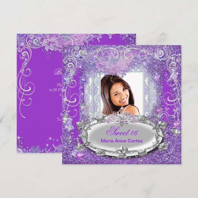Sweet 16 16th Sweet Sixteen Purple Glitter Look Invitation (Front/Back)