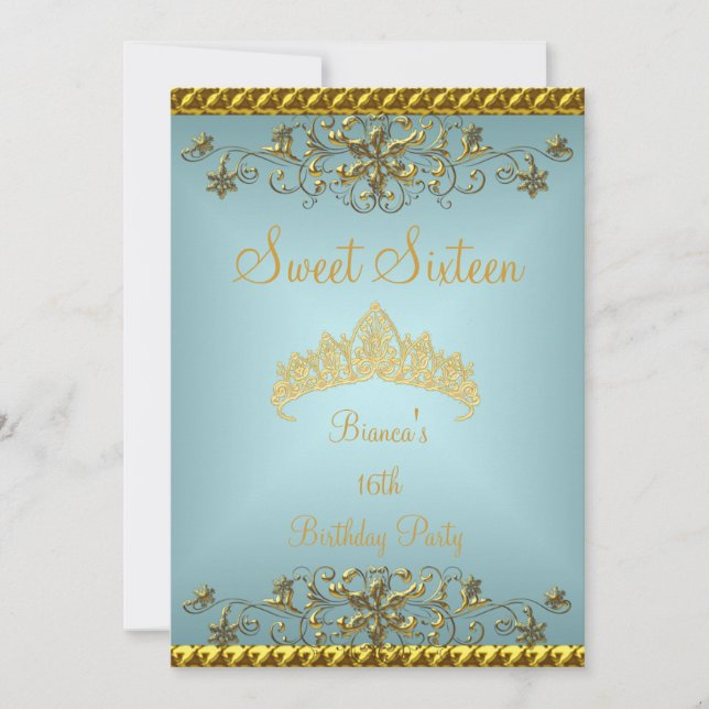 Sweet 16 16th Teal Blue Gold Diamond Tiara Invitation (Front)