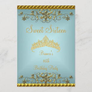 Sweet 16 16th Teal Blue Gold Diamond Tiara Invitation