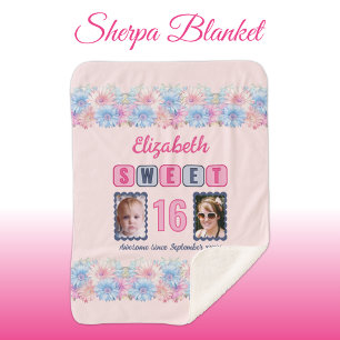 Sweet 16 2 photo name date flowers pink sherpa blanket