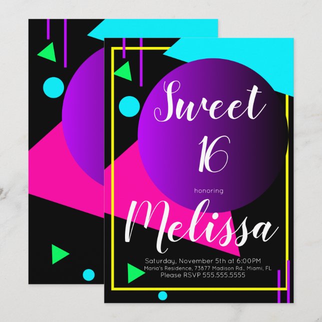 Sweet 16 80s Organic Neon Glow In The Dark Party Invitation (Front/Back)