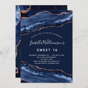 Sweet 16 agate marble navy blue rose gold invitation