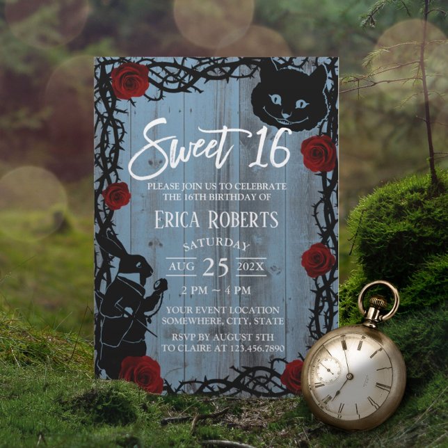 Sweet 16 Alice in Wonderland Dusty Blue Barn Wood Invitation (Creator Uploaded)