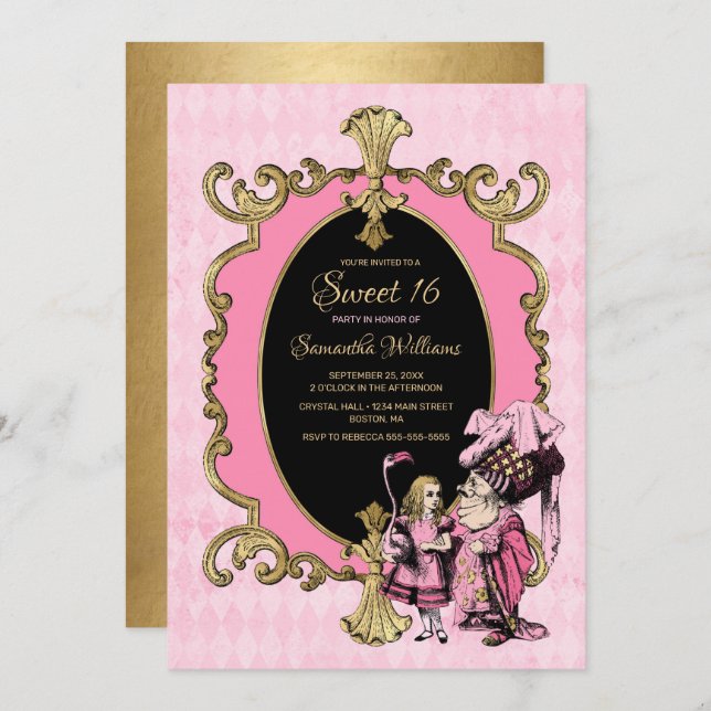 Sweet 16 Alice In Wonderland Pink Gold Party Invitation (Front/Back)