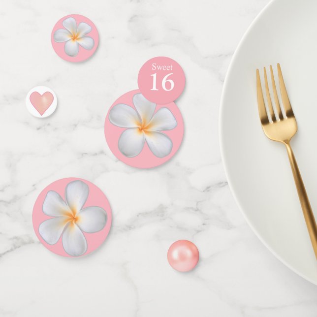 Sweet 16 and Plumeria Flowers on Light Pink Confetti (Group)