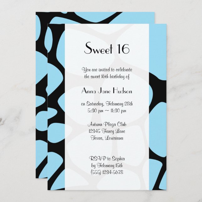 Sweet 16 - Animal Print (Giraffe Pattern) - Blue Invitation (Front/Back)