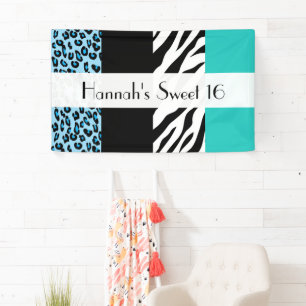 Sweet 16 - Animal Print, Zebra, Leopard - Blue Banner