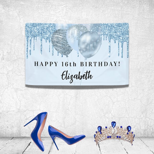 Sweet 16 baby blue glitter drips balloons banner (Creator Uploaded)