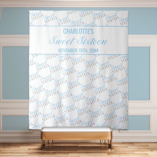 Sweet 16 Baby Blue Silver Birthday Party Backdrop Tapestry (Creator Uploaded)