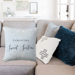 Sweet 16 baby blue silver glitter dust name cushion