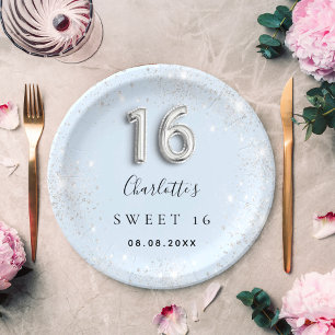 Sweet 16 baby blue silver glitter dust name paper plate