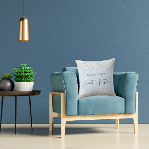 Sweet 16 baby blue silver glitter dust name script cushion