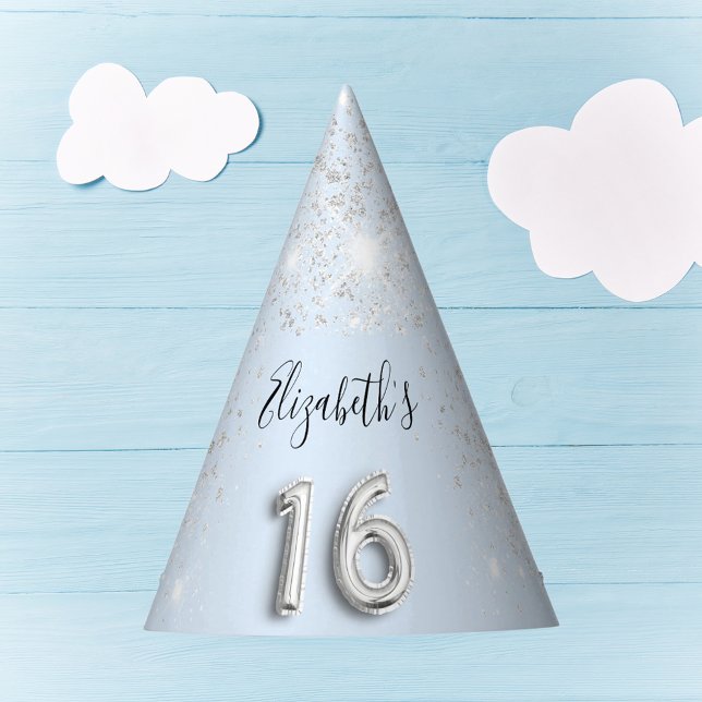 Sweet 16 baby blue silver glitter name party hat (Creator Uploaded)