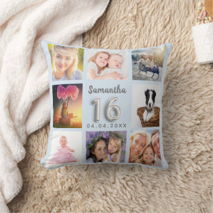 Sweet 16 baby blue silver photo collage cushion