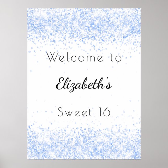 Sweet 16 baby blue white glitter dust welcome poster (Front)