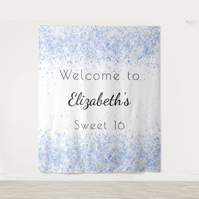 Sweet 16 baby blue white glitter dust welcome tapestry (Front)
