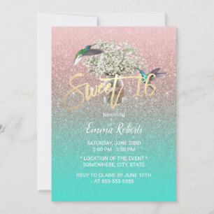 Sweet 16 Baby's Breath Hummingbird Rose Gold Teal Invitation