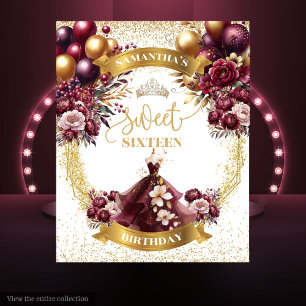 Sweet 16 Backdrop Burgundy Balloons Gold Glitter Tapestry