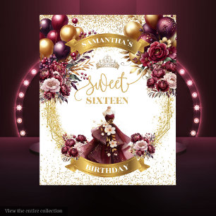 Sweet 16 Backdrop Burgundy Balloons Gold Glitter Tapestry