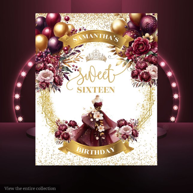 Sweet 16 Backdrop Burgundy Balloons Gold Glitter  Tapestry (Sweet 16 Backdrop Burgundy Balloons Gold Glitter Glam)