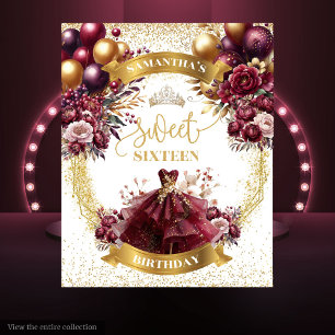 Sweet 16 Backdrop Burgundy Flowers Gold Balloons Tapestry