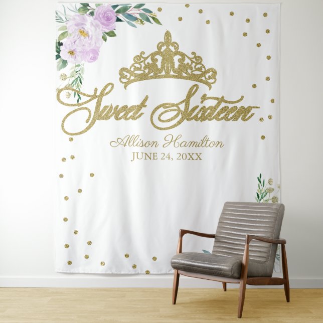 Sweet 16 Backdrop Gold Tiara Lavender Floral  Tapestry (In Situ)