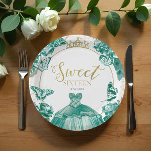 Sweet 16 Balloon Butterfly Emerald Green Dress Paper Plate