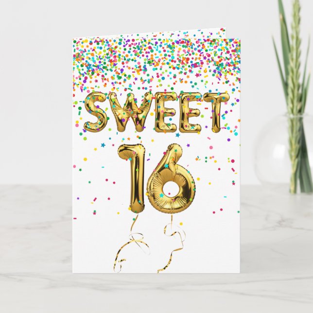 Sweet 16 Balloons and Confetti on White Card (Front)
